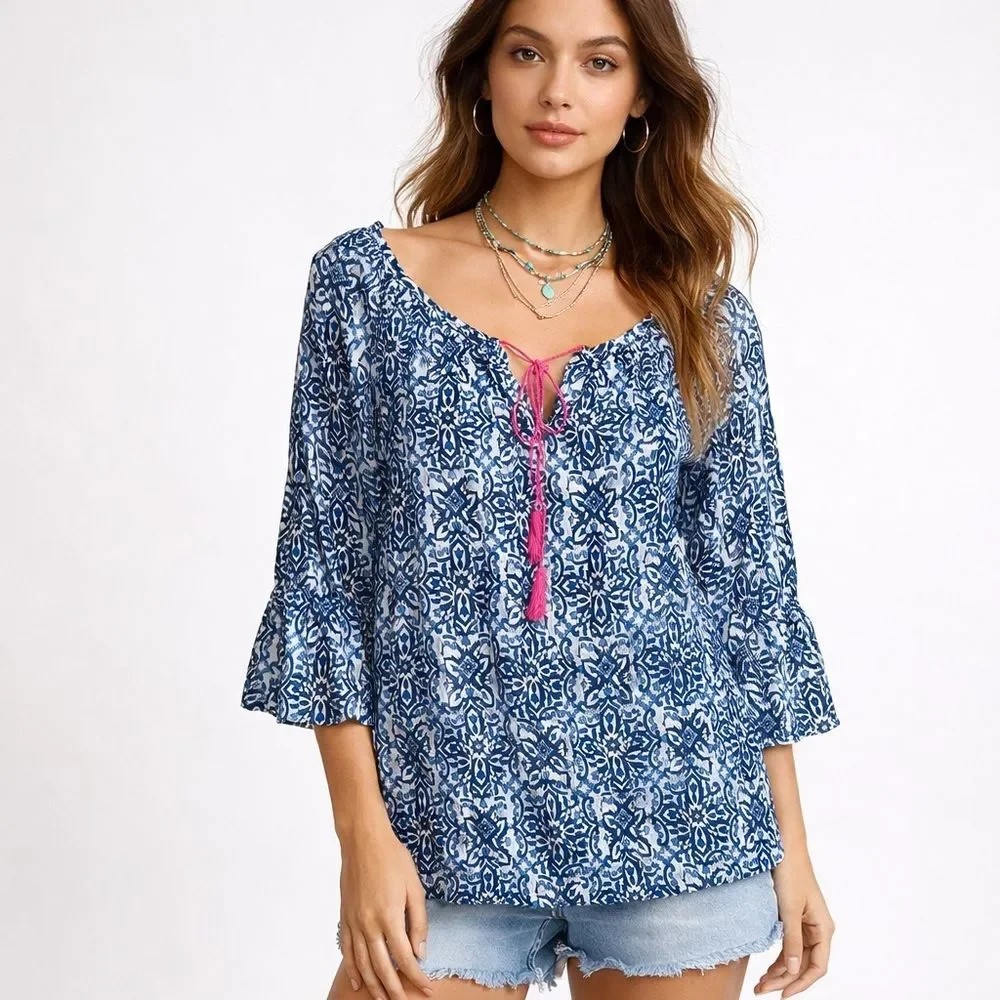 Milly Blue Pink Floral Medallion Boho Blouse Large Tassel Tie Peasant Top Casual